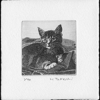 布の上の子猫/ 銅版画 (作品のみ）の画像