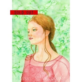 水彩画（原画）「赤い服の女性（美人画）」の画像