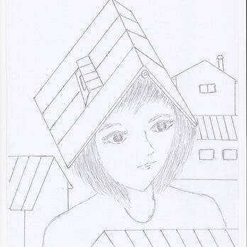 手描きイラスト　屋根を被る女性の画像