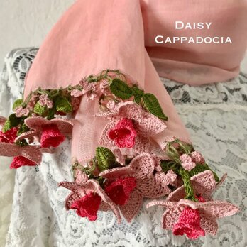 立体刺繍の花付き　コットンストール　ピンクの画像