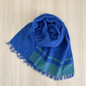 手織りのコットンストール［長め］紺碧 x 緑青色