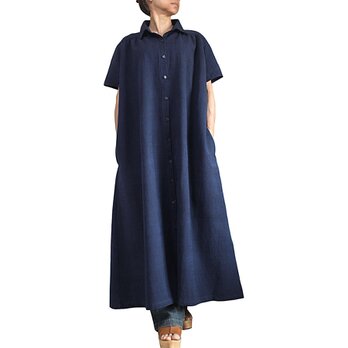 ジョムトン手織り綿半袖ドレスコート インディゴ紺（JFS-156-03）の画像