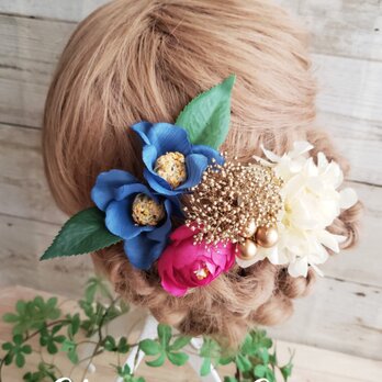 本物のお花 かすみ草と紫陽花と紺椿の髪飾り6点Set No477の画像