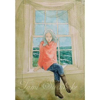 水彩画（原画）「海の見える窓・少女」の画像