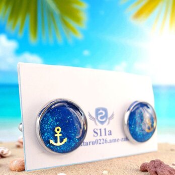 波のきらめきを宿す、夏のカフスボタン　シアンブルー　シルバー金具の画像