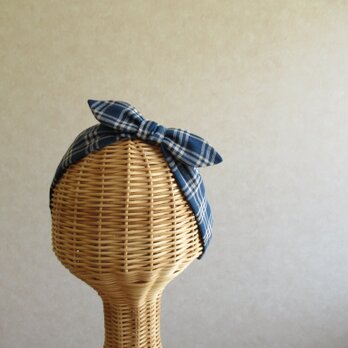 リボンのヘアバンド　チェック、ネイビー