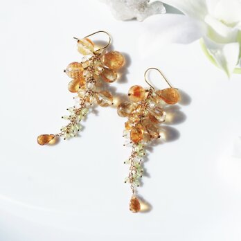 ☆14KGFシトリン・レモンクォーツとペリドットによるシャンデリアピアス　～黄花藤