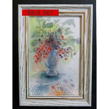 額付き水彩原画「花と花瓶」の画像