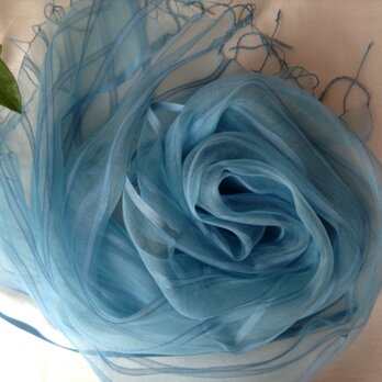 【藍の生葉染め】シルク＆ビスコースストライプストール　水浅葱色（53cm幅）の画像