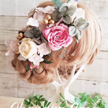 華姫 薔薇と紫陽花の髪飾り7点Set No494の画像