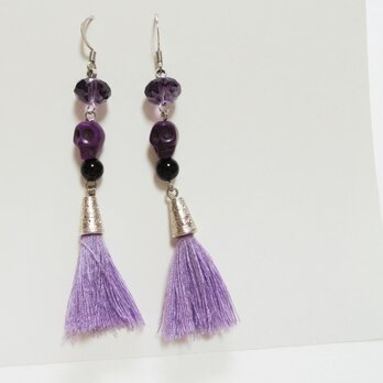 天然石耳飾り◇オニキス◇ﾌﾘﾝｼﾞ*ｽｶﾙ*紫の画像