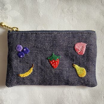 リネンデニムフルーツ刺繍ミニポーチの画像