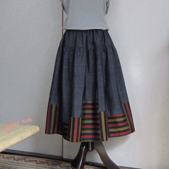 着物リメイク♪２段ティアードパッチスカート　丈７５ｃｍ（裏地付き）の画像