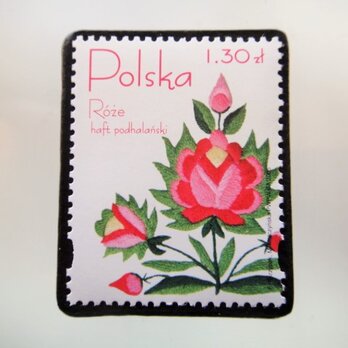 ★ポーランド　薔薇刺繍切手ブローチ　5179の画像