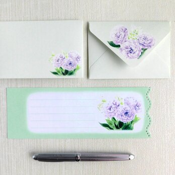 薄紫のトルコキキョウの上質紙ミニ封筒（外模様）、メッセージカード付きの画像
