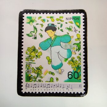 日本の歌「春が来た」切手ブローチ　5204の画像