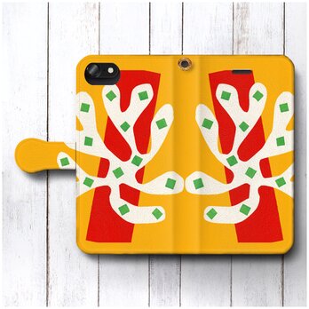【アンリ マチス オレンジと赤の背景に白の海藻】スマホケース手帳型 全機種 対応 絵画 人気 プレゼント iPhoneXRの画像