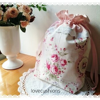 大きな巾着袋♪ピンクリボン&花柄の画像
