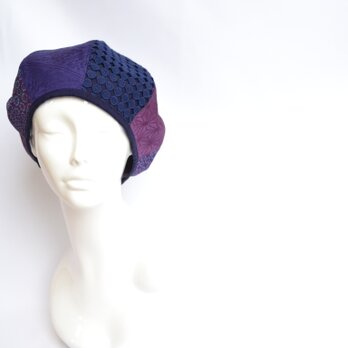 着物地×レースのベレー帽：紫×ネイビー　着物リメイク／国内送料無料／1905mb01の画像