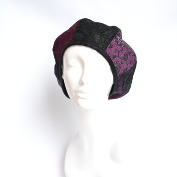 着物地×レースのベレー帽：黒×紫　着物リメイク／国内送料無料／1905mb02の画像