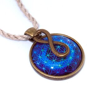 フラワーオブライフ・メビウスの輪・ヘンプ　ネックレス（青色/銅古美色）（生命の花/神聖幾何学）の画像