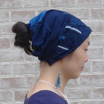 久留米絣のクレイジーカフェターバン（本藍・手織り）の画像