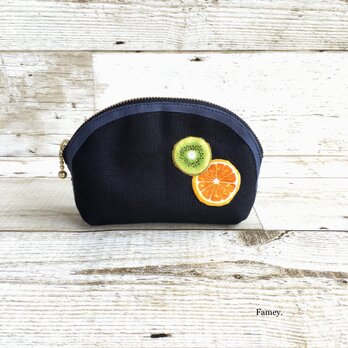 国産帆布×フルーツの小さめポーチ②  小物入れ  オレンジ×キウイ