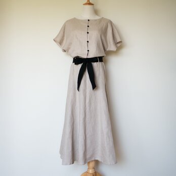 レディなフレアリネンワンピース【ナチュラル/ブラック・ボートネック・フレンチスリーブ・半袖・ロング丈】