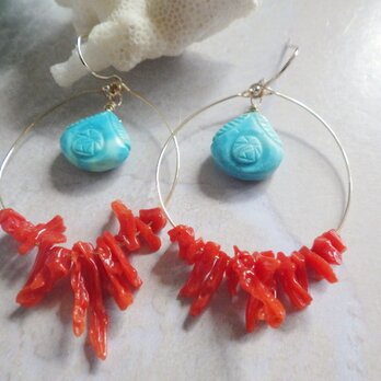 14kgf*Red Coral&Turquoise 天然赤珊瑚とターコイズのピアスの画像