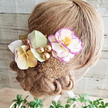 花kirari ローズと紫陽花の髪飾り4点Set No530の画像