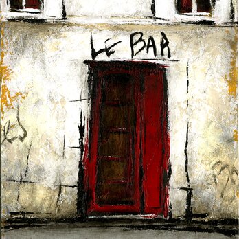 風景画 パリ 油絵「路地裏の赤い扉のＢＡＲ」の画像