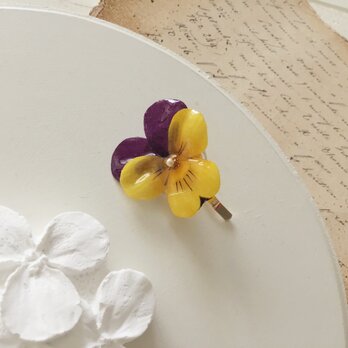 染め花を樹脂加工したビオラのポニーフック(濃紫＆黄色)の画像