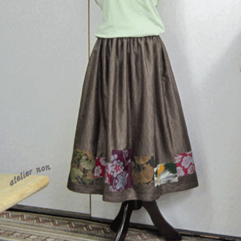 着物リメイク♪大島紬と銘仙のシックなパッチスカート　丈７５ｃｍ（裏地付き）の画像