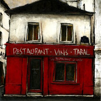 風景画 パリ 油絵「街の赤いレストラン」の画像