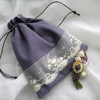 グレイッシュリラリネン&アンティークレース巾着の画像