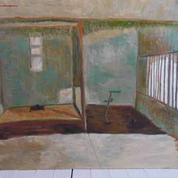 原画「掛け軸と石と盆栽がある床の間」F60・油彩画の画像
