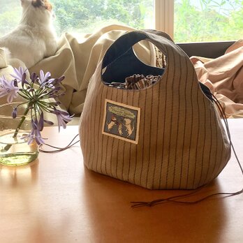 SALE kororin bag basic 巾着付きピンストライプ・ベージュ＆ブルー90%バージョンの画像