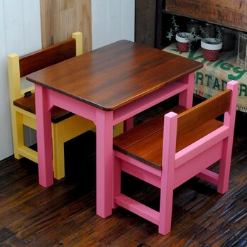 ★ローズピンクとチークカラーローテーブル＋パタパタミニベンチ２脚セットの画像