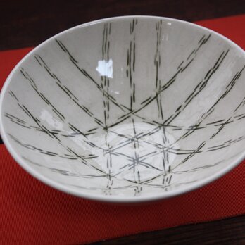 緑の竹かご模様の皿の画像