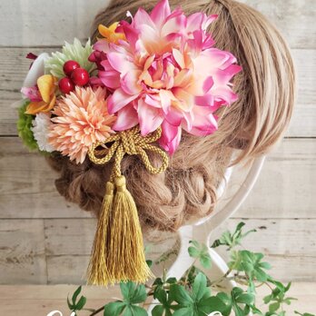 専用　華姫 ダリアとマムの髪飾りと花柄リボンの14点Set オーダー商品の画像