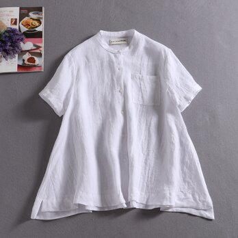 ラフで爽やかな極上リネンシャツ　トップス　リネン100％半袖 ホワイト　190710-7の画像