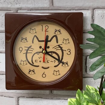 【名入れレーザー彫刻】木目調 Wall clock (猫) 時計 ブラウン　壁掛け時計の画像