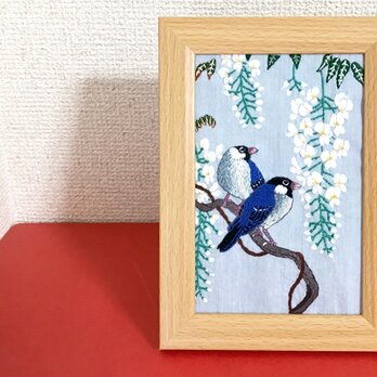 手刺繍浮世絵フレーム＊小原古邨「藤に文鳥」の画像