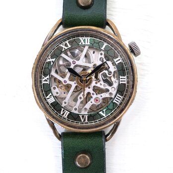 メカニックシルバー　AT　グリーン　真鍮　手作り腕時計の画像
