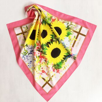 ミニスカーフ「 Sunflower Bouquet for You｜向日葵のブーケ（ピンク）」 ( コットン )の画像