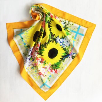 ミニスカーフ「 Sunflower Bouquet for You｜向日葵のブーケ（オレンジ）」 ( コットン )の画像