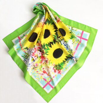 ミニスカーフ「 Sunflower Bouquet for You｜向日葵のブーケ（グリーン）」 ( コットン )の画像