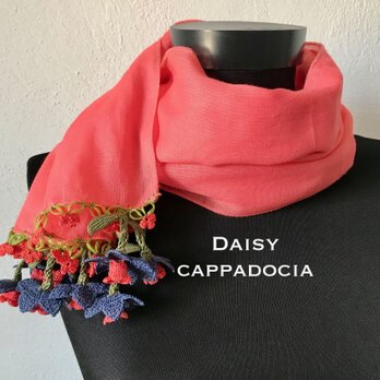 立体刺繍の花付き　コットンストール　コーラルピンクの画像