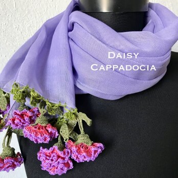 立体刺繍の花付き　コットンストール　ラベンダー　カーネーションのお花の画像