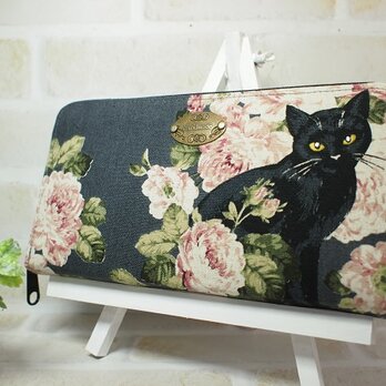 【再販】黒猫と薔薇とちょっとビーズの長財布の画像